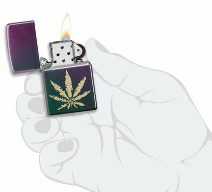 Zippo Brass Marijuana Leaf on Iridescent Violet Satin, Pocket Lighter #49185