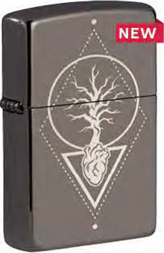 Zippo Tree Heart Design Laser Engrave, Black Ice Windproof Lighter #49687
