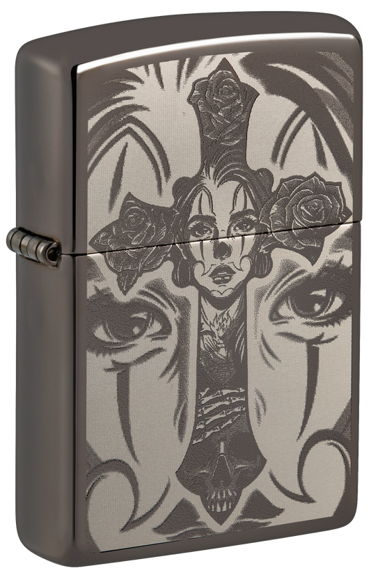 Zippo Spiritual Cross Girl Tattoo, Black Ice Lighter #48411