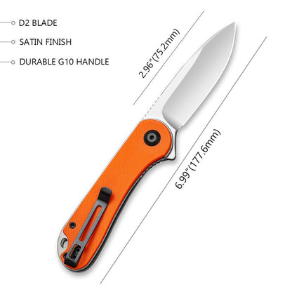 CIVIVI Elementum Knife, Orange G10 Handle, Gray Satin Finished D2 Steel Blade #C907R