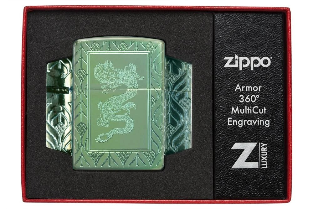 Zippo High Polish Green Elegant Dragon, Deep Carve Armor Lighter #49054