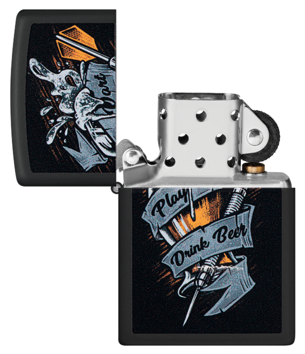 Zippo Play Darts Drink Beer, Black Matte Lighter #48679