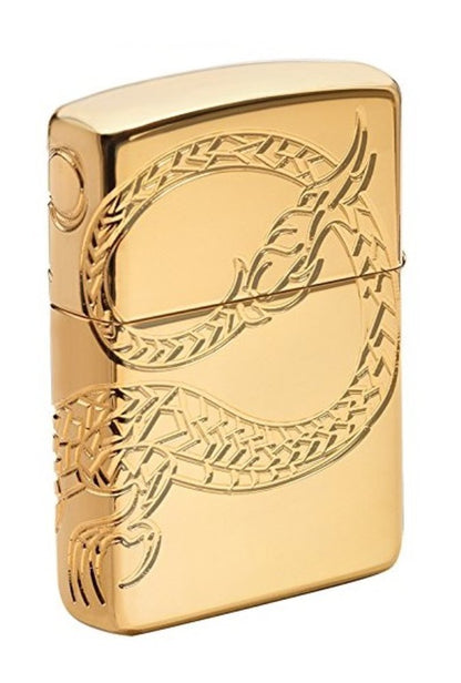 Zippo High Polish Gold Plate w/Epoxy Inlay, Asian Chinese Dragon Lighter #29265