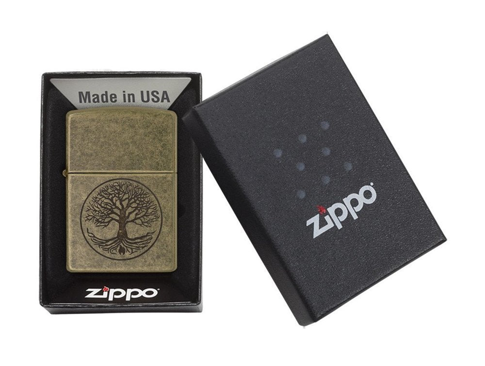 Zippo Tree of Life Lighter, Antique Brass Zippo Flame #29149