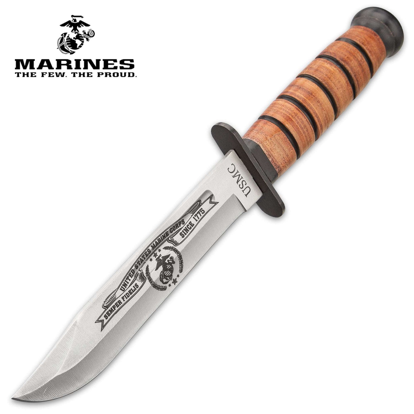 BudK USMC Tribute Knife + Sheath, SS Blade, Leather Handle #UC3369