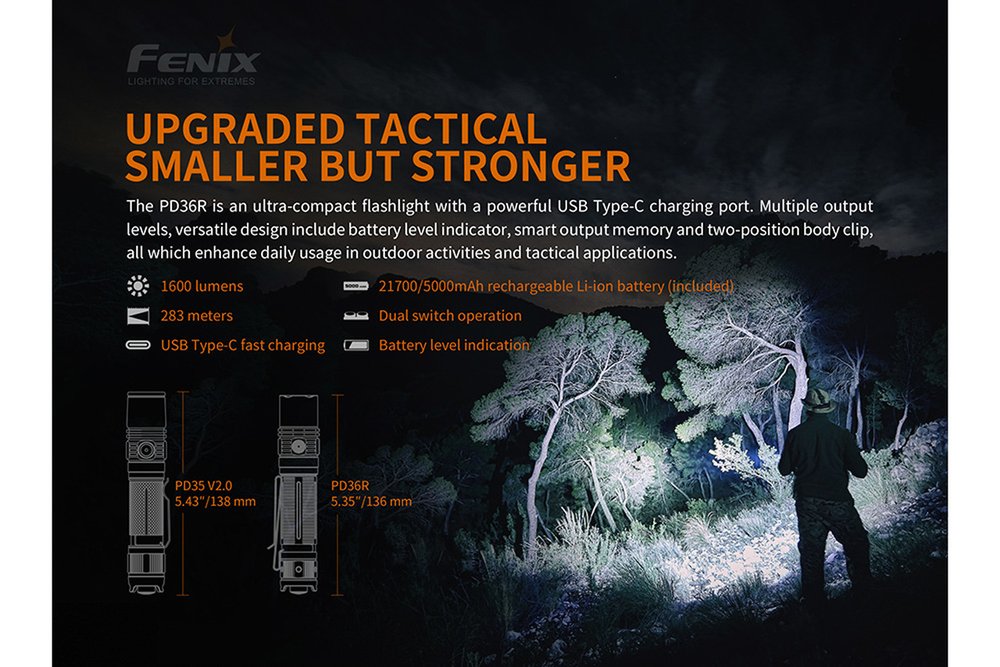 Fenix PD36R Rechargeable Tactical Flashlight, 1600 Lumens + Accessories #PD36R