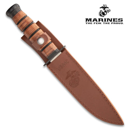 BudK USMC Tribute Knife + Sheath, SS Blade, Leather Handle #UC3369