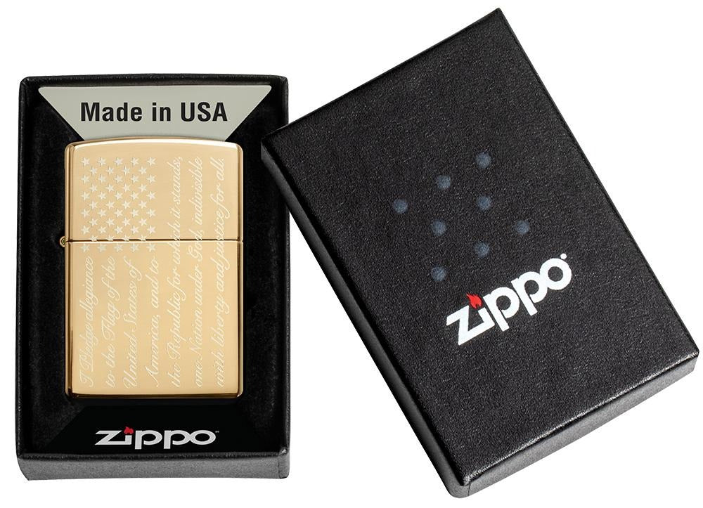 Zippo Pledge of Allegiance USA Design, High Polish Brass Lighter #49585