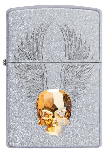 Zippo Gold Skull 3-D Crystal Emblem, Satin Chrome Finish, Genuine Lighter #49034