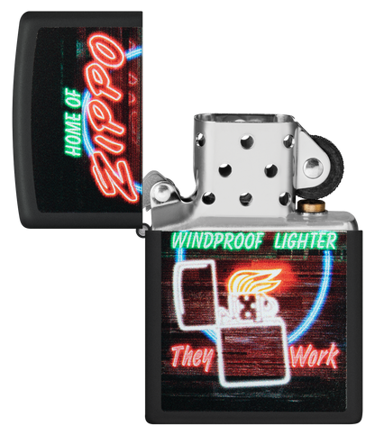 Zippo Neon Sign Design, Black Matte Lighter #48455