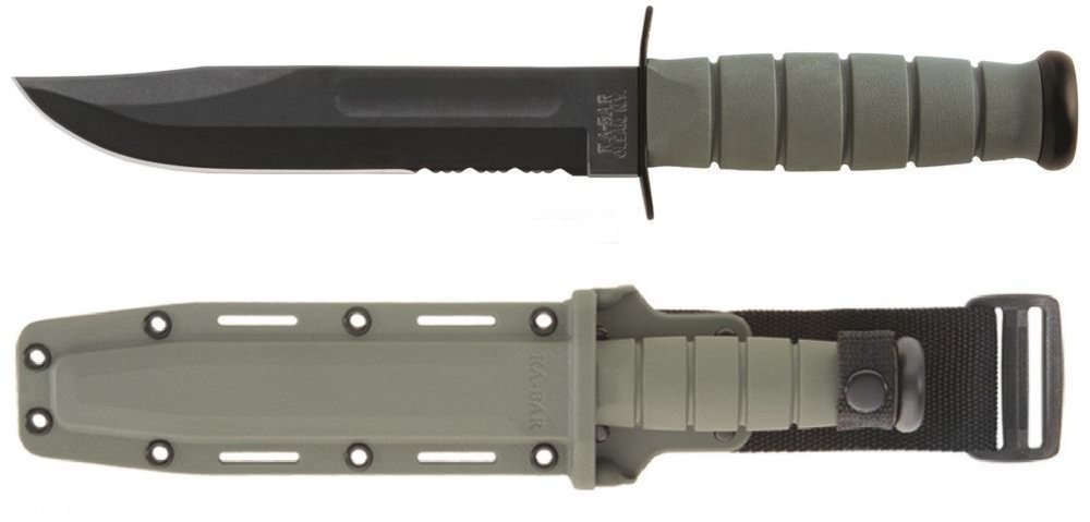 KA-BAR Fighting/Utility Knife, Foliage Green Hard Sheath, Serr Edge #5012