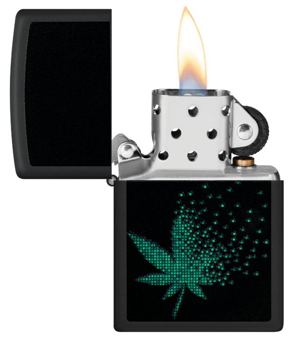 Zippo Cannabis Leaf Fading Away Black Light Design, Black Matte Lighter #48677