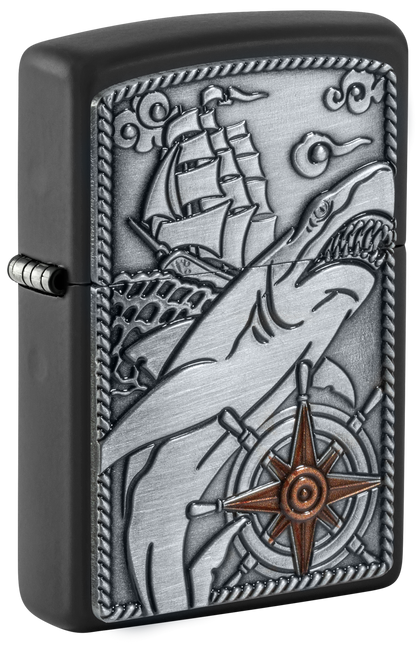 Zippo Nautical Shark Emblem Attached, Black Matte Lighter #48120