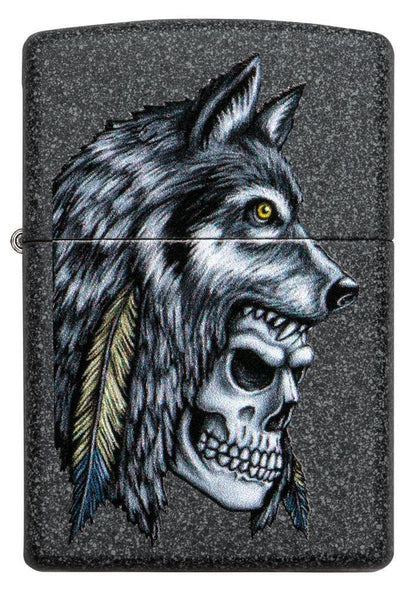 Zippo Wolf Skull Feather, Native American, Iron Stone Finish Lighter #29863