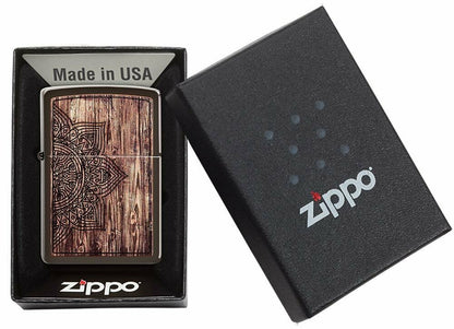 Zippo Wood Mandala Buddhism Hinduism, Brown Windproof Pocket Lighter #49184