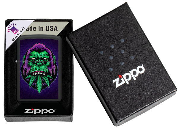 Zippo Cannabis Gorilla Black Light Design, Black Matte Lighter #48585