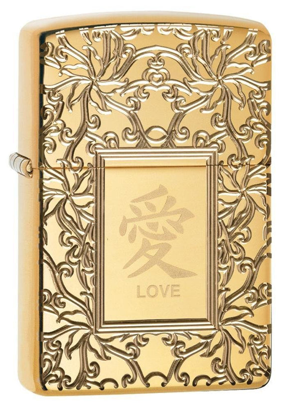Zippo Chinese Love, High Polish Brass, Deep Engraved Armor Lighter #49022