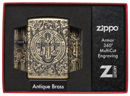 Zippo St. Benedict Lighter, Antique Brass, Gift Box #29719