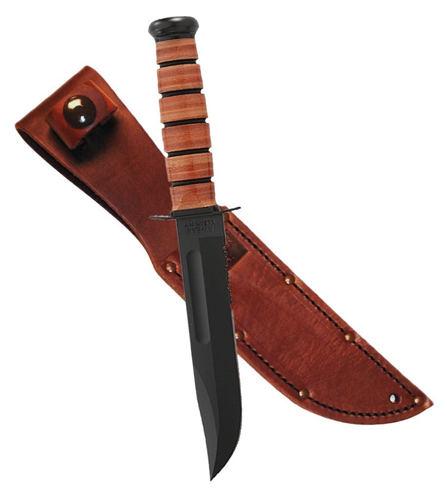 KA-BAR Short USA Knife, Serr. Edge, Brown Leather Sheath, Leather Handle #1261CP