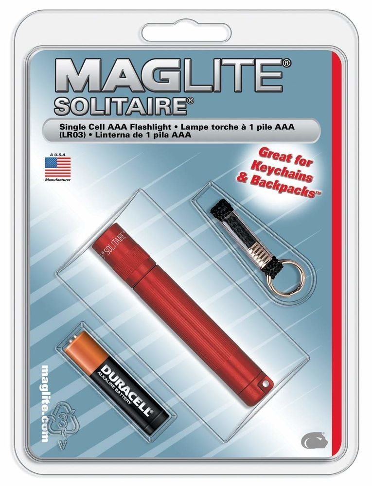 MAGLITE Solitaire Incandescent Flashlight, Spare Bulb, Battery, Red #K3A036