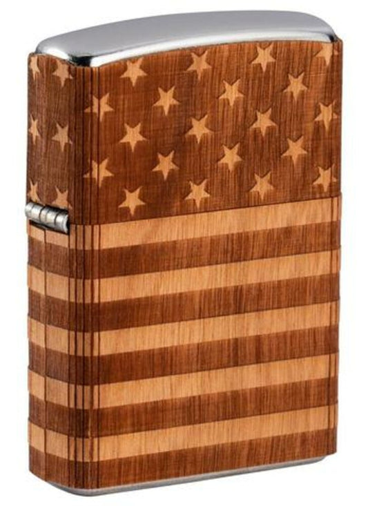 Zippo WOODCHUCK USA American Flag, 100% Real Wood, Street Chrome Lighter #49332