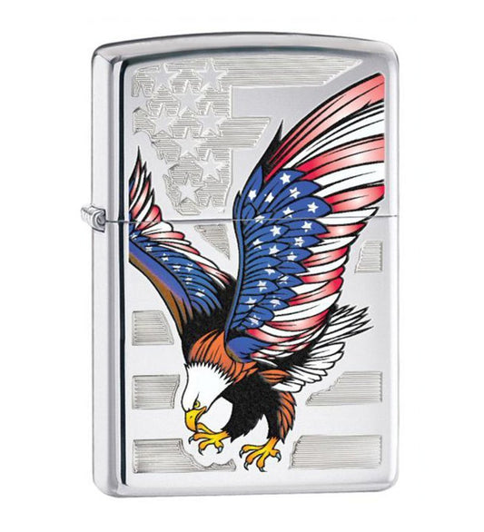 Zippo American Flag Eagle, High Polish Chrome, USA Genuine Lighter #28449