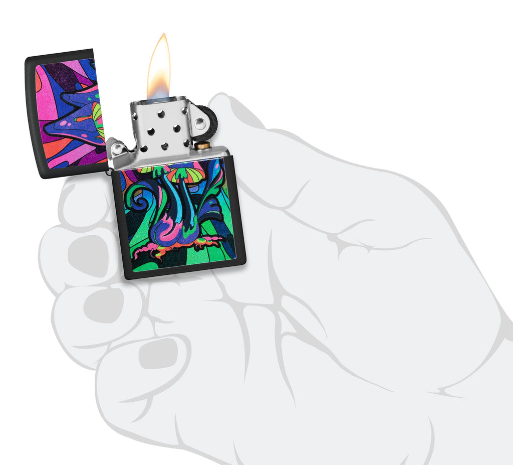 Zippo Black Light Mushroom Design, Black Matte Lighter #48386