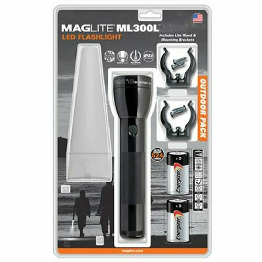 MAGLITE Outdoor Pack 2Cell D 524 Lumen Black LED Flashlight Bundle #ML300L-I2TQG
