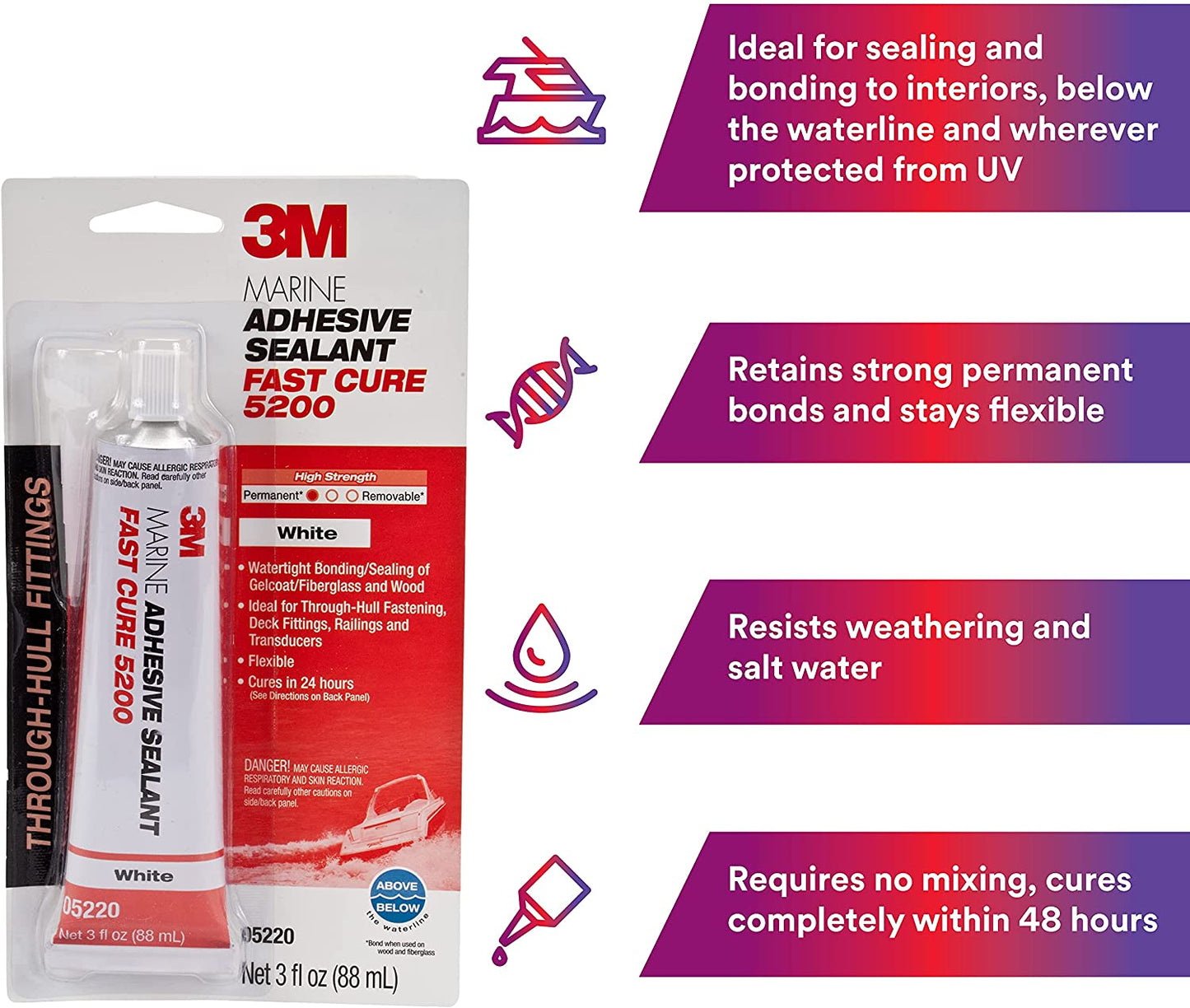 3M Marine Adhesive Sealant Fast Cure, White, 3 oz Tube #05220