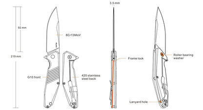 Ruike D191-B Folding Knife, 3.62" Blade 8Cr13MoV Steel, Black G10 Handle #D191B