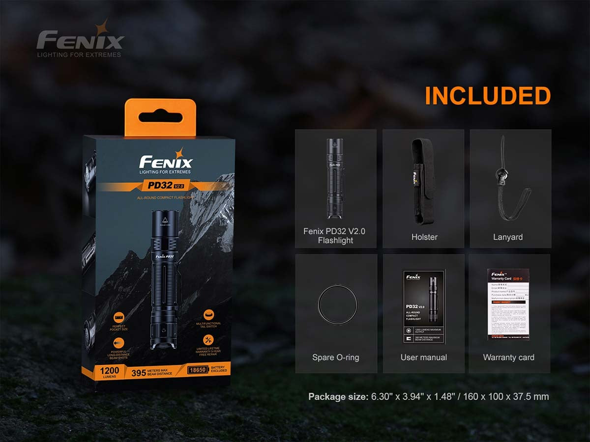 Fenix PD32 V2.0 Compact Flashlight + Accessories, 1200 Lumens, Black #PD32V2
