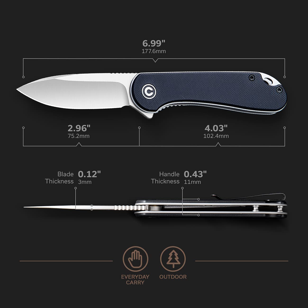 CIVIVI Elementum Knife, Black G10 Handle #C907A