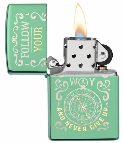 Zippo Follow Your Way Never Give Up Compass, High Polish Green Lighter #49161