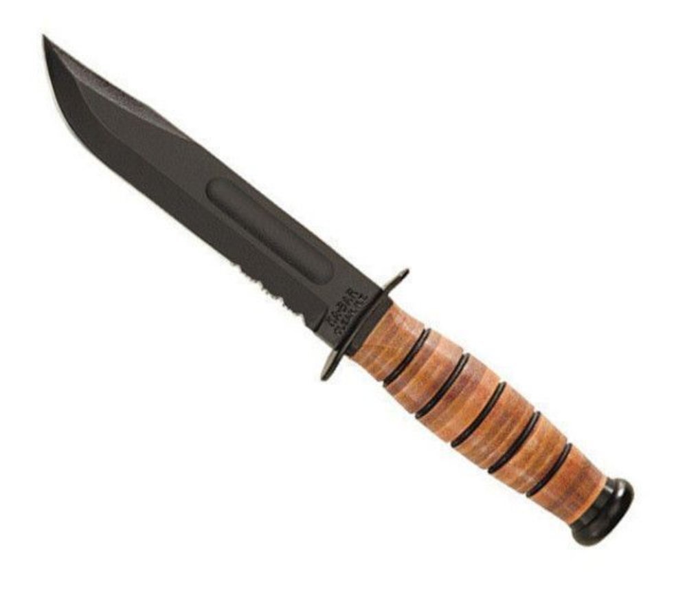 KA-BAR US Army 7" Fixed Blade Knife, Serrated Leather Handle, Brown Sheath #1219