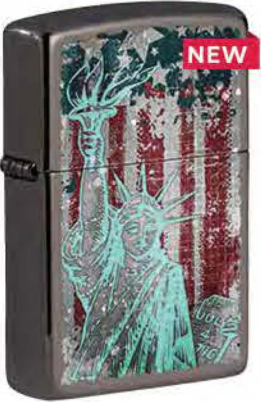 Zippo American Flag Statue of Liberty, Black Ice Windproof Lighter #49663