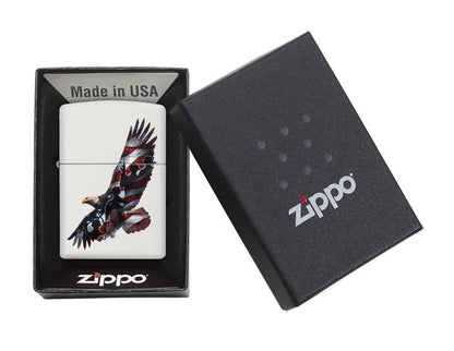 Zippo Eagle Windproof Lighter, Soaring American Flag Soldiers White Matte #29418