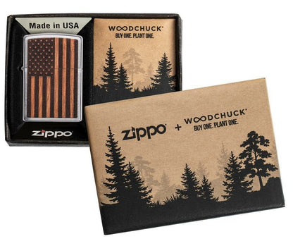 Zippo WOODCHUCK American Flag, Real Wood, Street Chrome Windproof Lighter #29966