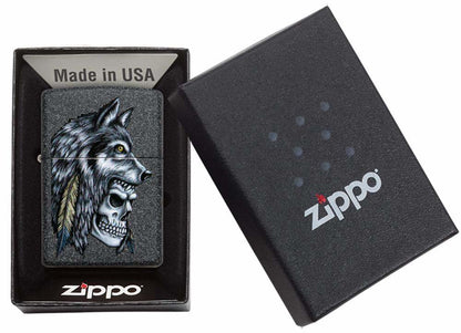 Zippo Wolf Skull Feather, Native American, Iron Stone Finish Lighter #29863