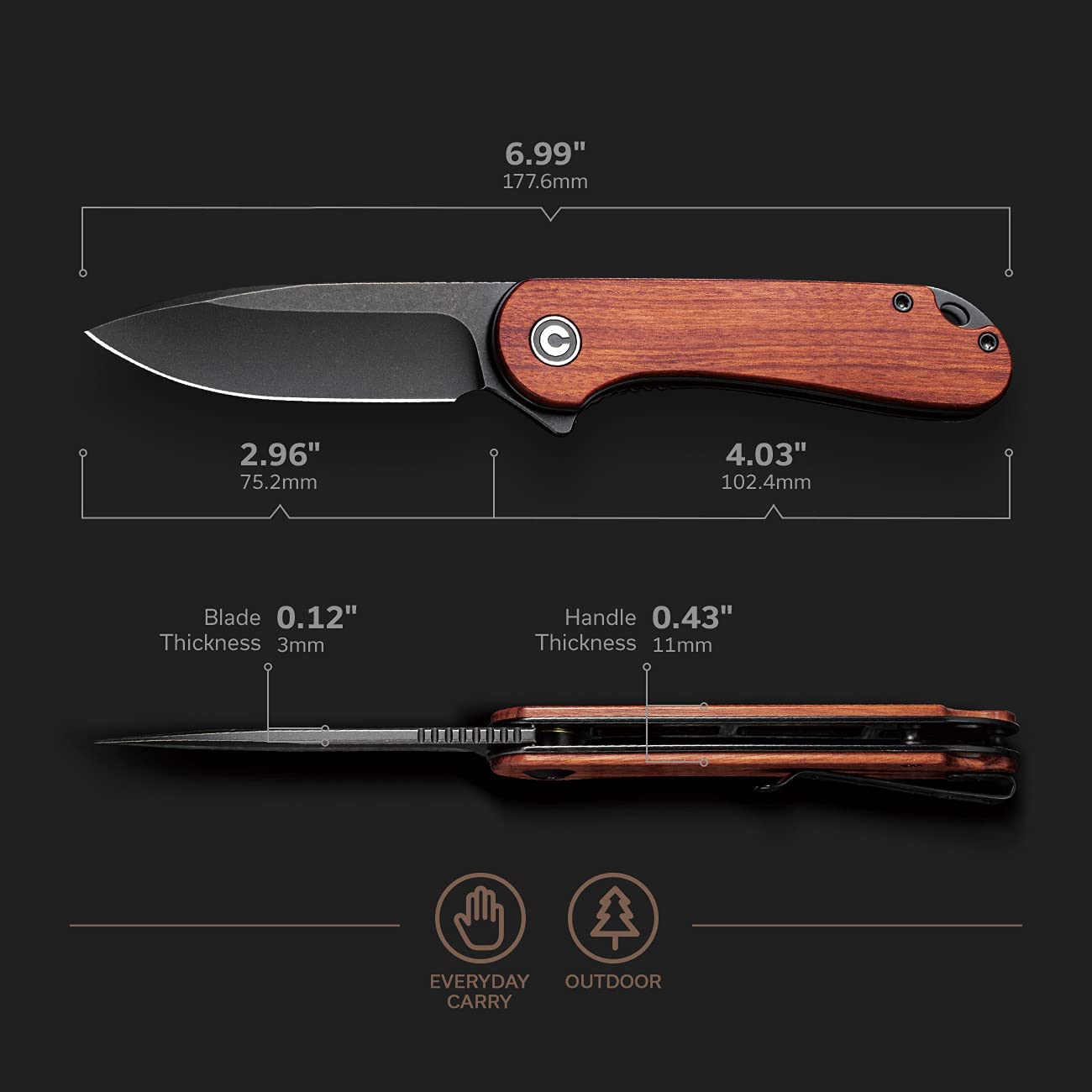 CIVIVI Elementum Knife, Black Blade + Cuibourtia Wood Handle #C907U