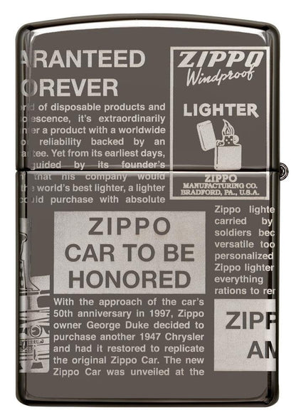 Zippo Newsprint Design, 360° Laser Engraved Black Ice Finish Lighter #49049