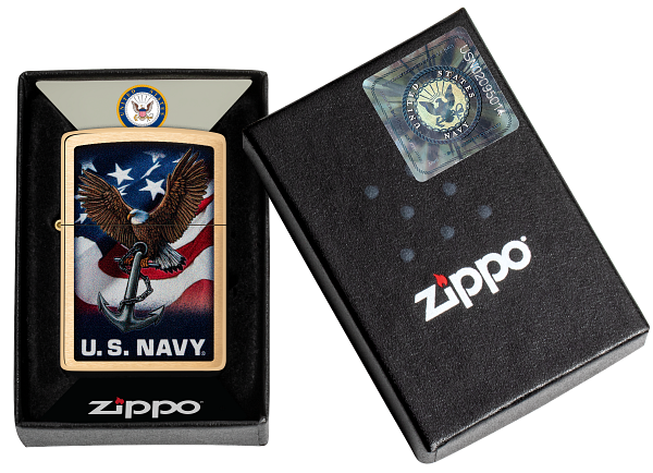 Zippo USA Navy Eagle and Flag Design, Brushed Brass Lighter #48549