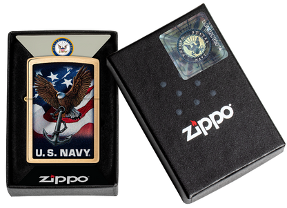 Zippo USA Navy Eagle and Flag Design, Brushed Brass Lighter #48549