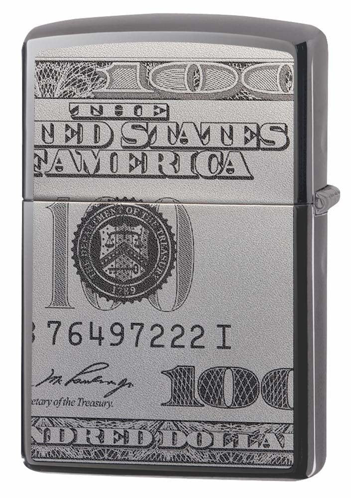 Zippo Currency Benjamin Franklin $100 Bill, Black Ice, Genuine Lighter #49025