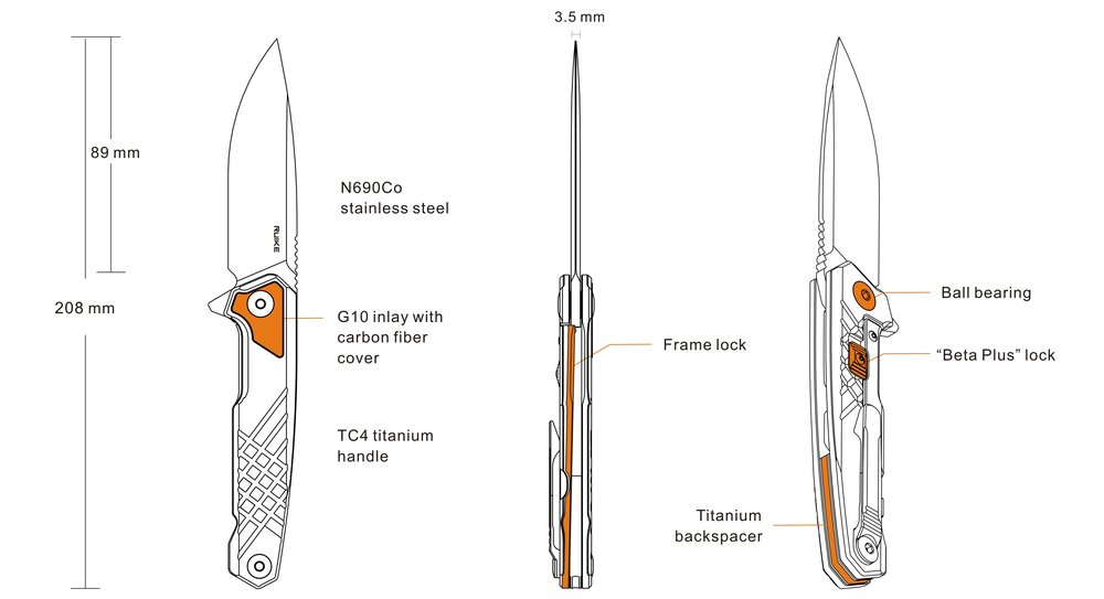 Ruike M875-TZ Folding Knife, 3.5" Blade, Frame Lock, Bead Blast Finish #M875TZ
