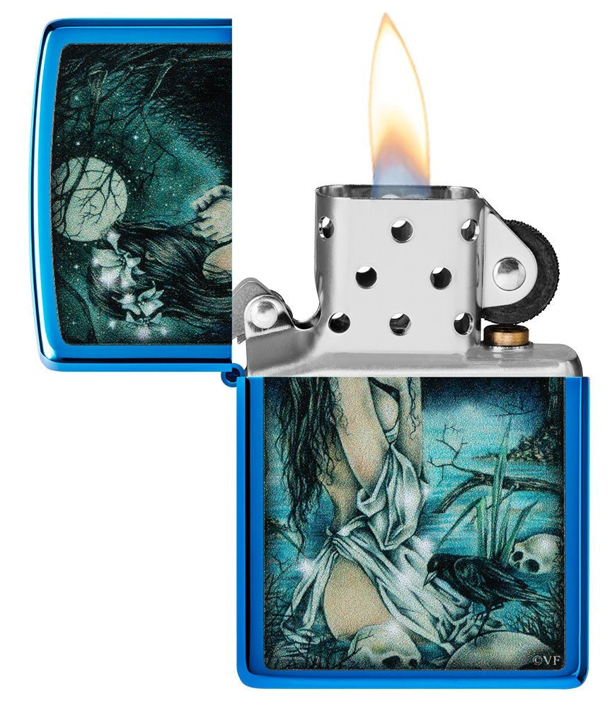 Zippo Victoria Frances Moonlight Girl Skull, High Polish Blue Windproof Lighter #49764