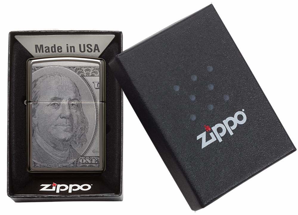 Zippo Currency Benjamin Franklin $100 Bill, Black Ice, Genuine Lighter #49025