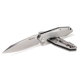 Ruike Folding Knife, Large Blade, Stainless Steel Handle, Safety Lock #P135SF