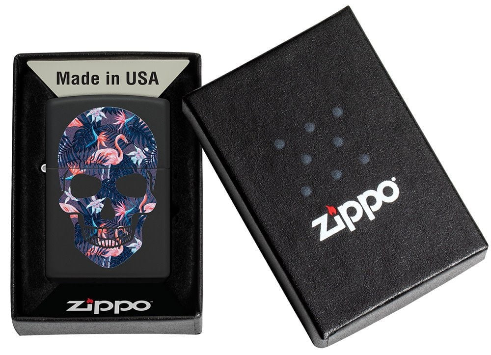 Zippo Flamingo Skulls, Black Matte Finish Windproof Lighter #49771