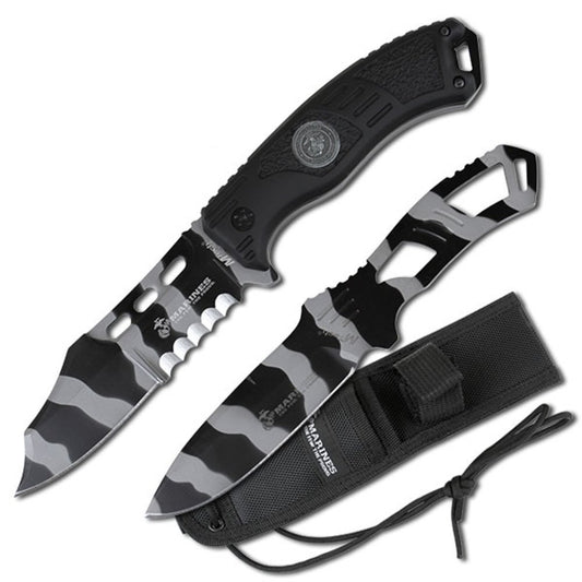 MTech Marines Fixed Blade Knife w/ Thrower_Black + Molle Nylon Sheath #M-1032UC