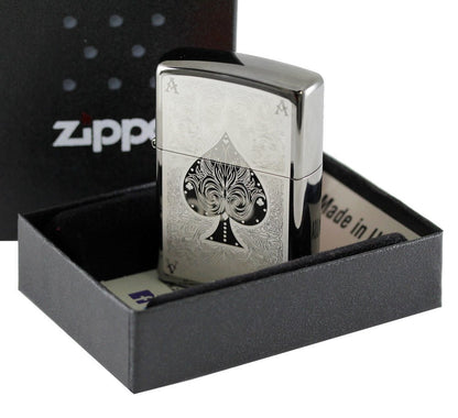 Zippo Ace Filigree Lighter, Spades, Black Ice Finish, Windproof #28323